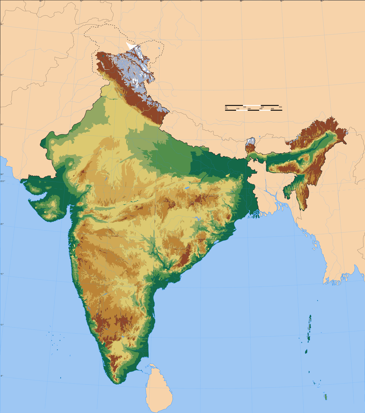 India on physical map